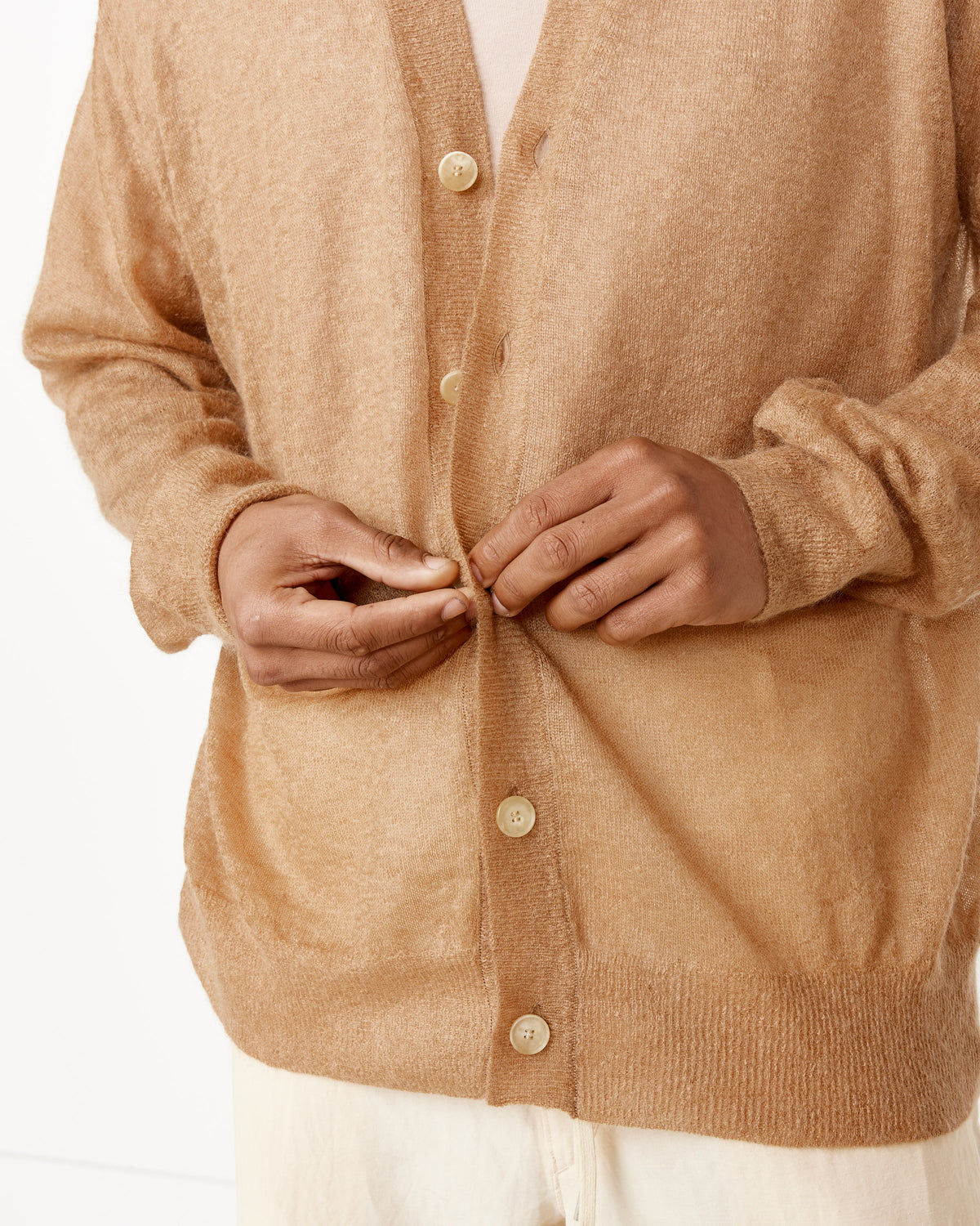 Shop Our Kid Mohair Sheer Knit Cardigan in Camel Auralee for the